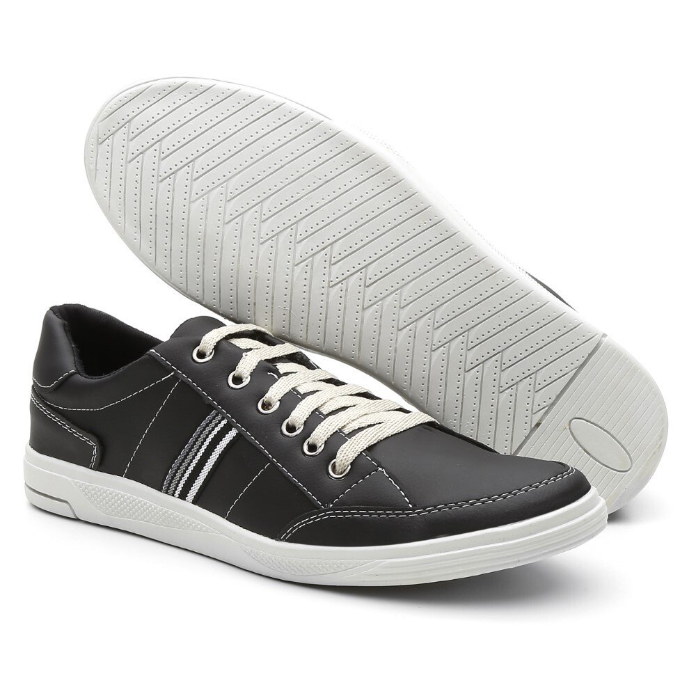 Sapatenis Cadarço Masculino Listras Laterais Tenis Iate Casual Otima Qualidade Conforto e Segurança Preto 4