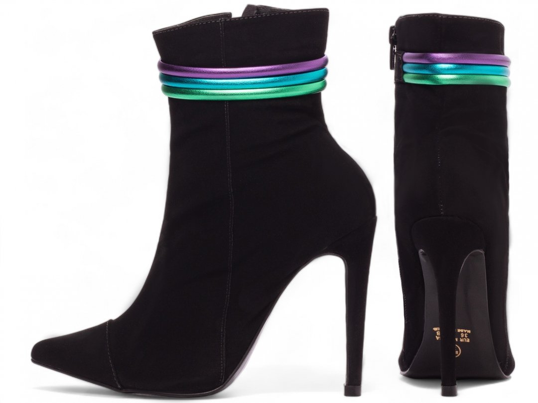 Bota Bico Fino Salto 12 Cano Medio - Sofisticacao e Altura em Nobuck Preto com Detalhes Coloridos Preto 1