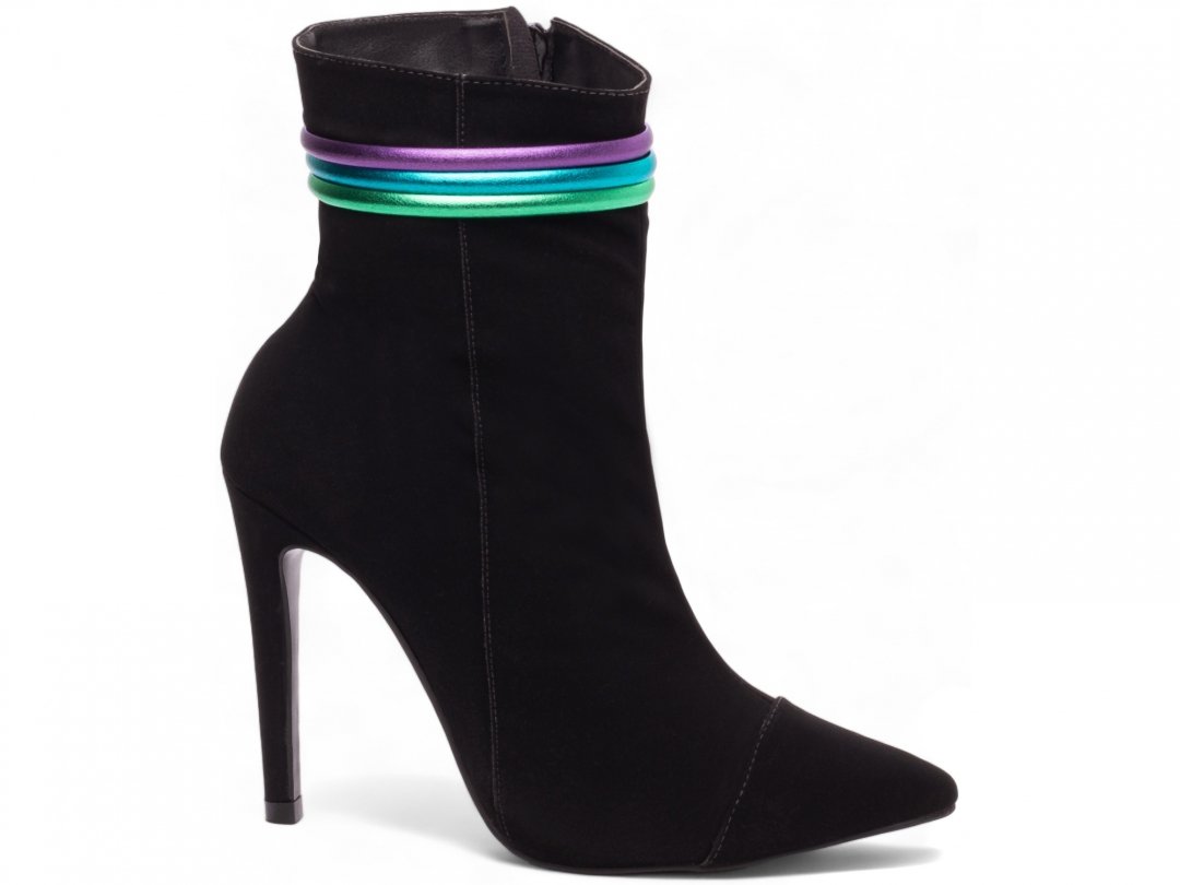 Bota Bico Fino Salto 12 Cano Medio - Sofisticacao e Altura em Nobuck Preto com Detalhes Coloridos Preto 2