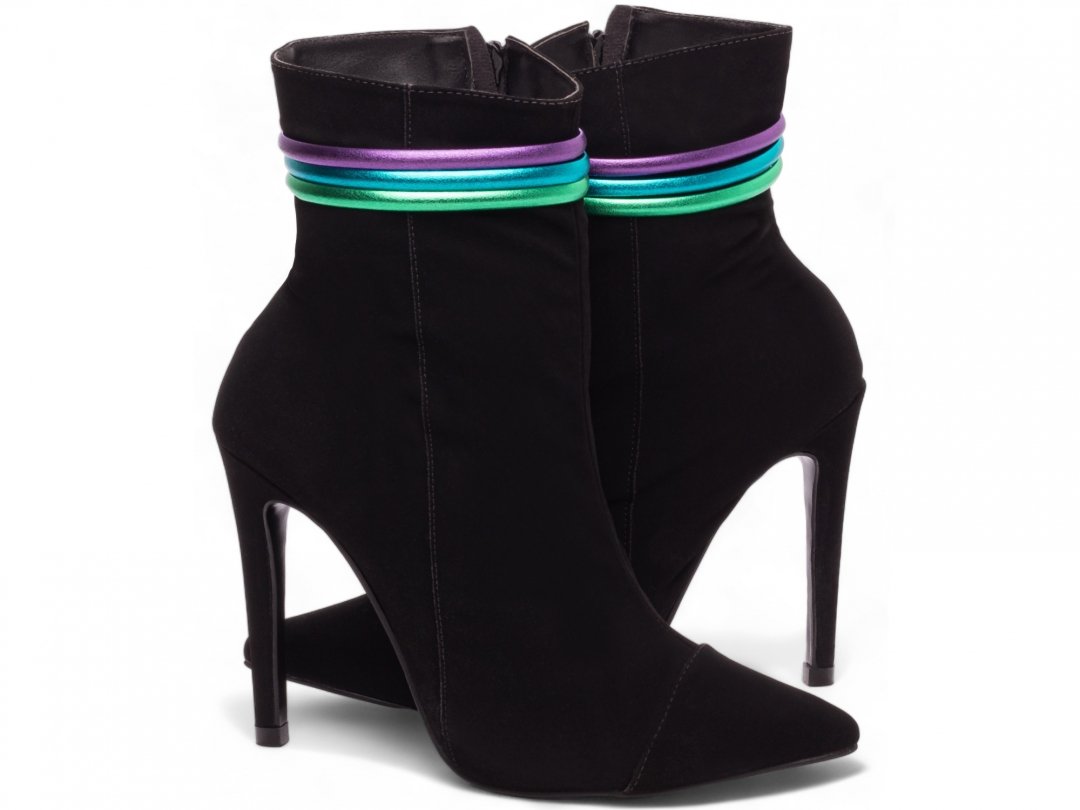 Bota Bico Fino Salto 12 Cano Medio - Sofisticacao e Altura em Nobuck Preto com Detalhes Coloridos Preto 3
