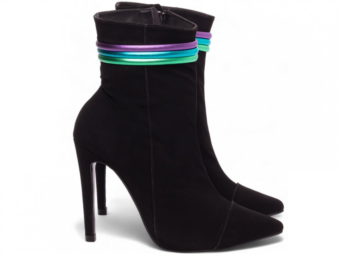 Bota Bico Fino Salto 12 Cano Medio - Sofisticacao e Altura em Nobuck Preto com Detalhes Coloridos Preto 4