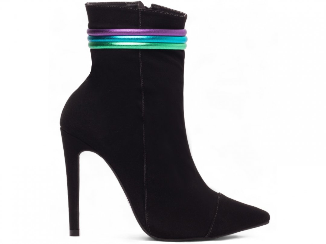 Bota Bico Fino Salto 12 Cano Medio - Sofisticacao e Altura em Nobuck Preto com Detalhes Coloridos Preto 5