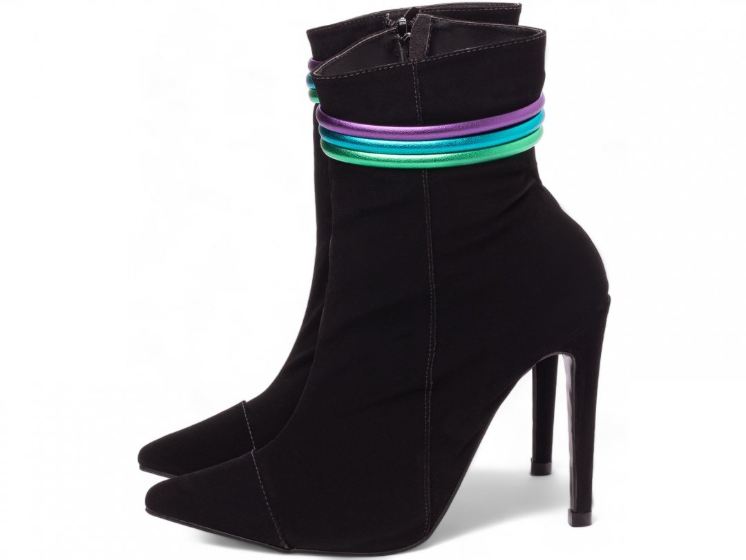 Bota Bico Fino Salto 12 Cano Medio - Sofisticacao e Altura em Nobuck Preto com Detalhes Coloridos Preto 6