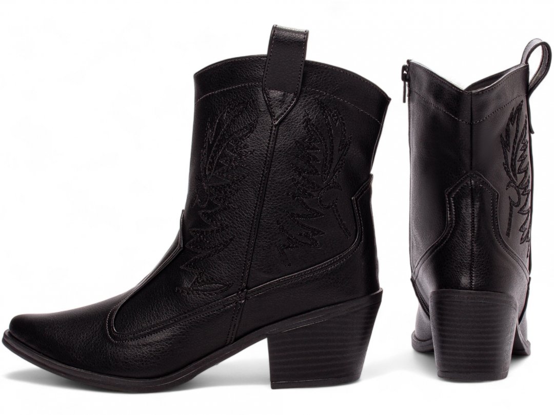Bota Texana Country Cano Baixo - Estilo Rustico e Conforto em Napa Preto com Bordados