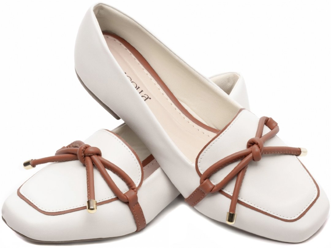 Elegancia e Conforto em Cada Passo - Mocassim Feminino Rasteiro com Laco - Caramelo e Napa Branco Branco 1
