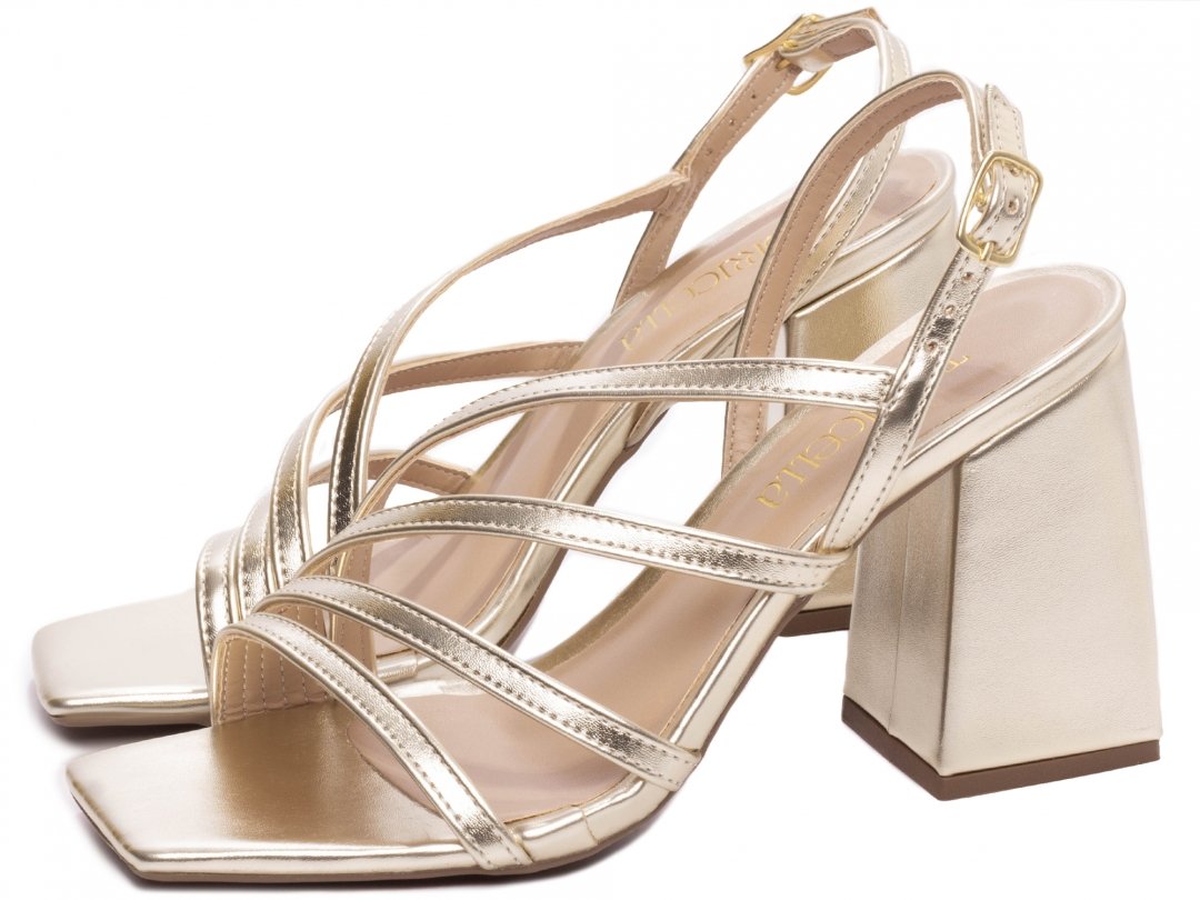 Sandalia Ouro Light - Elegancia e Conforto com Salto Grosso de 9cm - Napa Metalizado Dourado 3