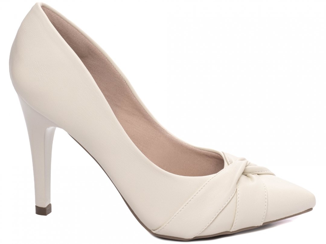 Sapato Scarpin Bico Fino - Tiras em No - Salto 10cm - Confort - Off White Branco 1