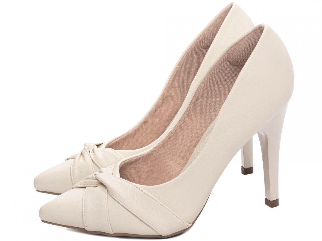 Sapato Scarpin Bico Fino - Tiras em No - Salto 10cm - Confort - Off White Branco 3
