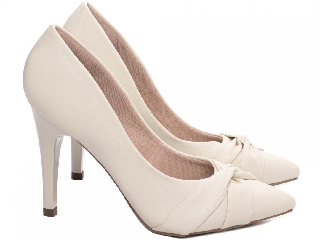 Sapato Scarpin Bico Fino - Tiras em No - Salto 10cm - Confort - Off White Branco 4
