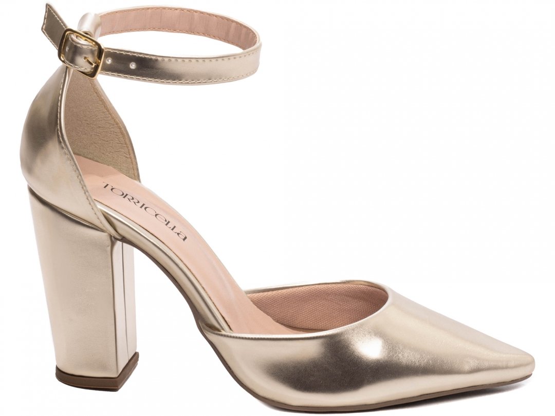Scarpin Aberto com Fivela Salto 9cm Luxo e Glamour em Ouro Light Dourado 1