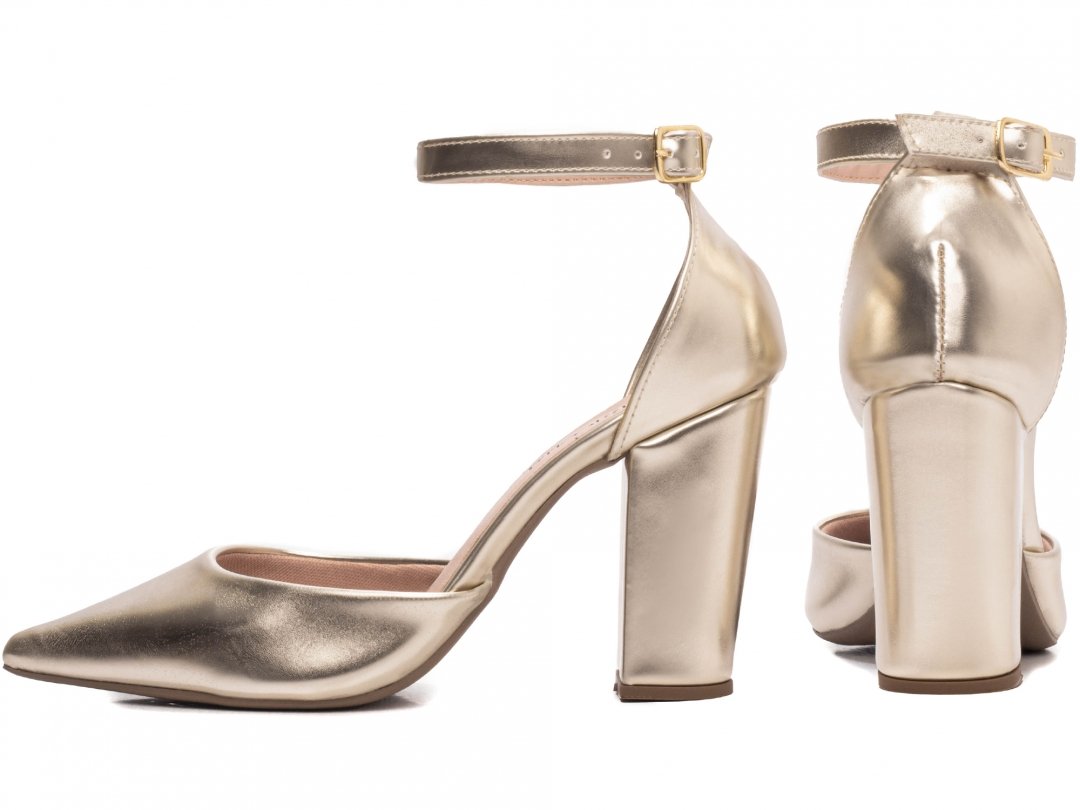 Scarpin Aberto com Fivela Salto 9cm Luxo e Glamour em Ouro Light Dourado 2