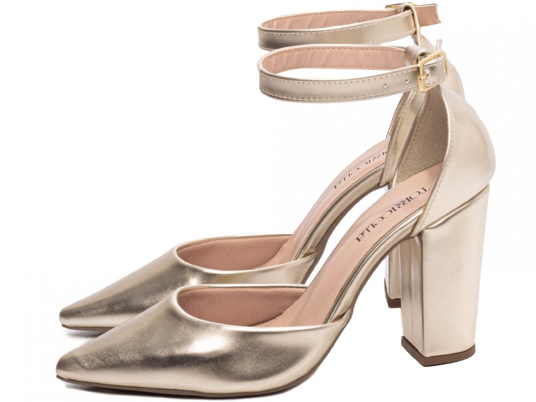 Scarpin Aberto com Fivela Salto 9cm Luxo e Glamour em Ouro Light Dourado 3