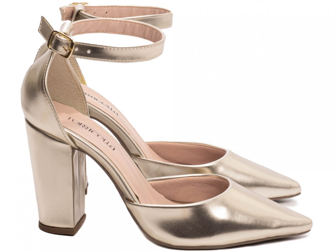 Scarpin Aberto com Fivela Salto 9cm Luxo e Glamour em Ouro Light Dourado 4