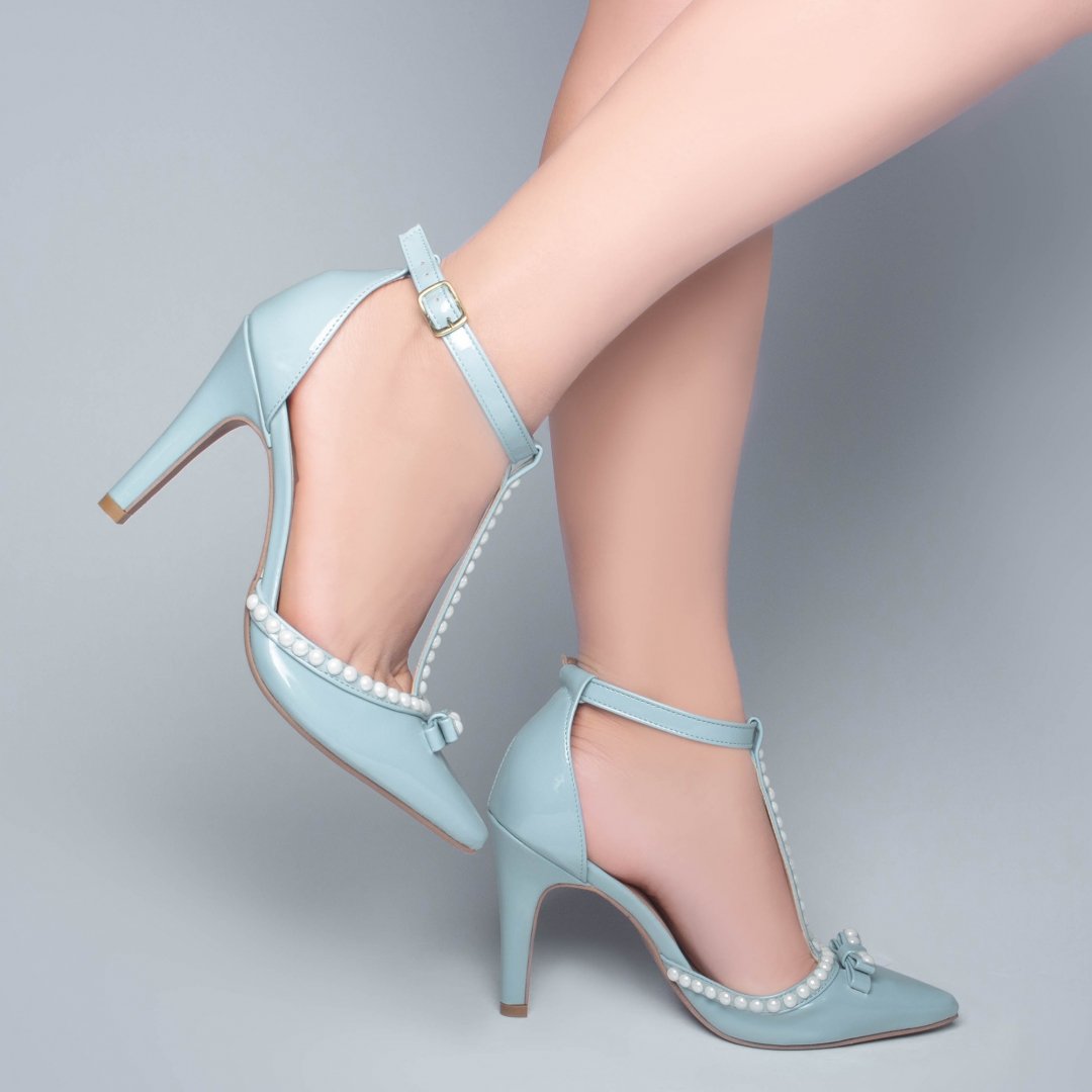 Scarpin Luxo e Glamour Azul - Salto Fino 9cm Com Perolas em ABS Azul 7