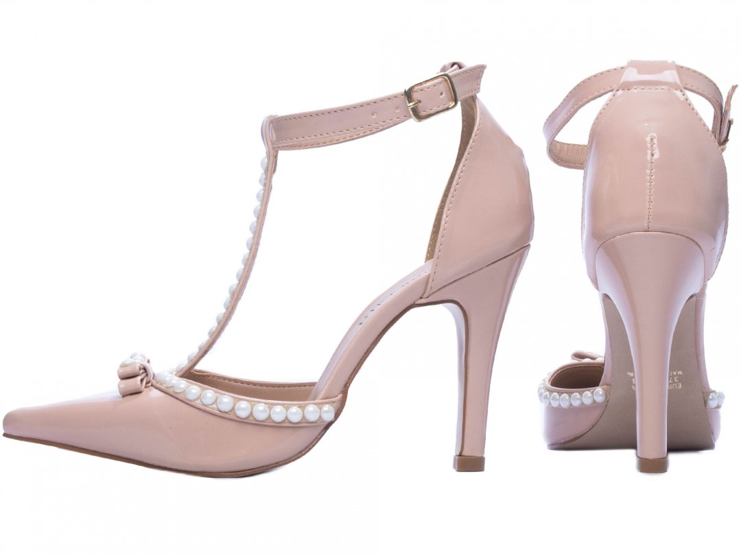 Scarpin Luxo e Glamour - Salto 9cm Fino Com Perolas em ABS Rose Bege 2