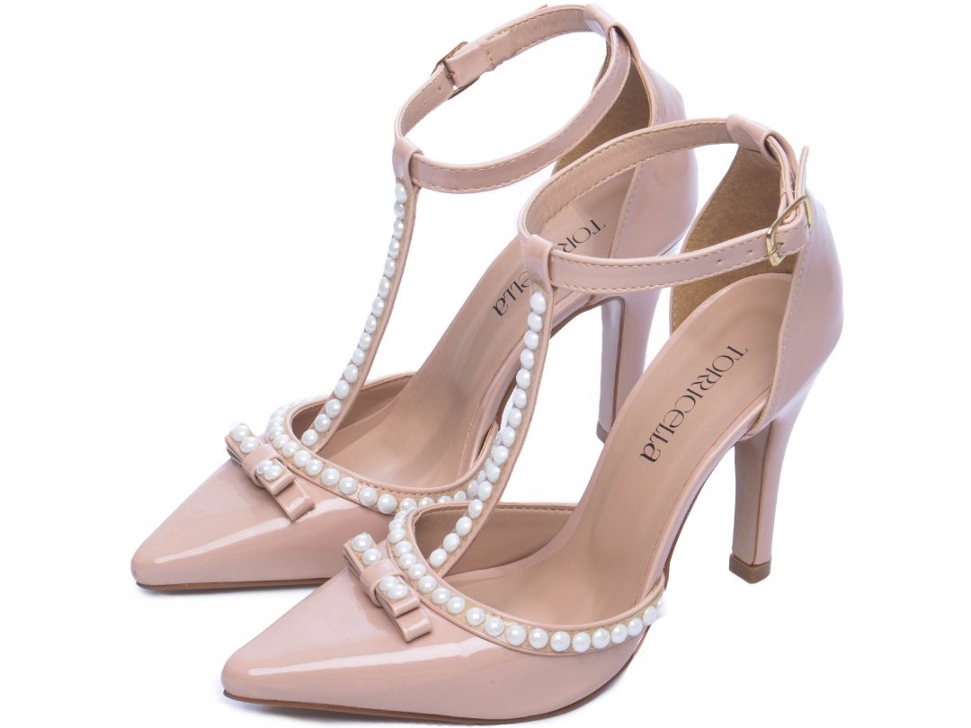 Scarpin Luxo e Glamour - Salto 9cm Fino Com Perolas em ABS Rose Bege 3