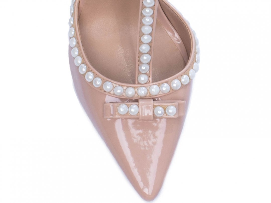 Scarpin Luxo e Glamour - Salto 9cm Fino Com Perolas em ABS Rose Bege 6