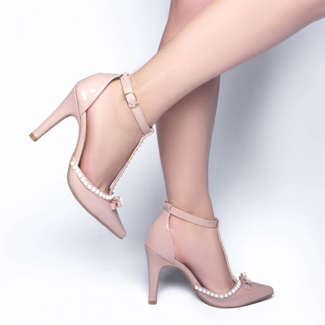 Scarpin Luxo e Glamour - Salto 9cm Fino Com Perolas em ABS Rose Bege 7