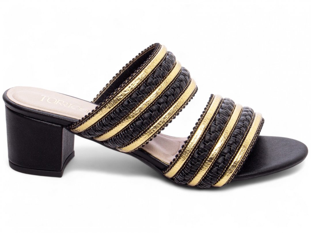 Sandalia Tamanco Preto e Dourado - Salto 5 cm - Antiderrapante