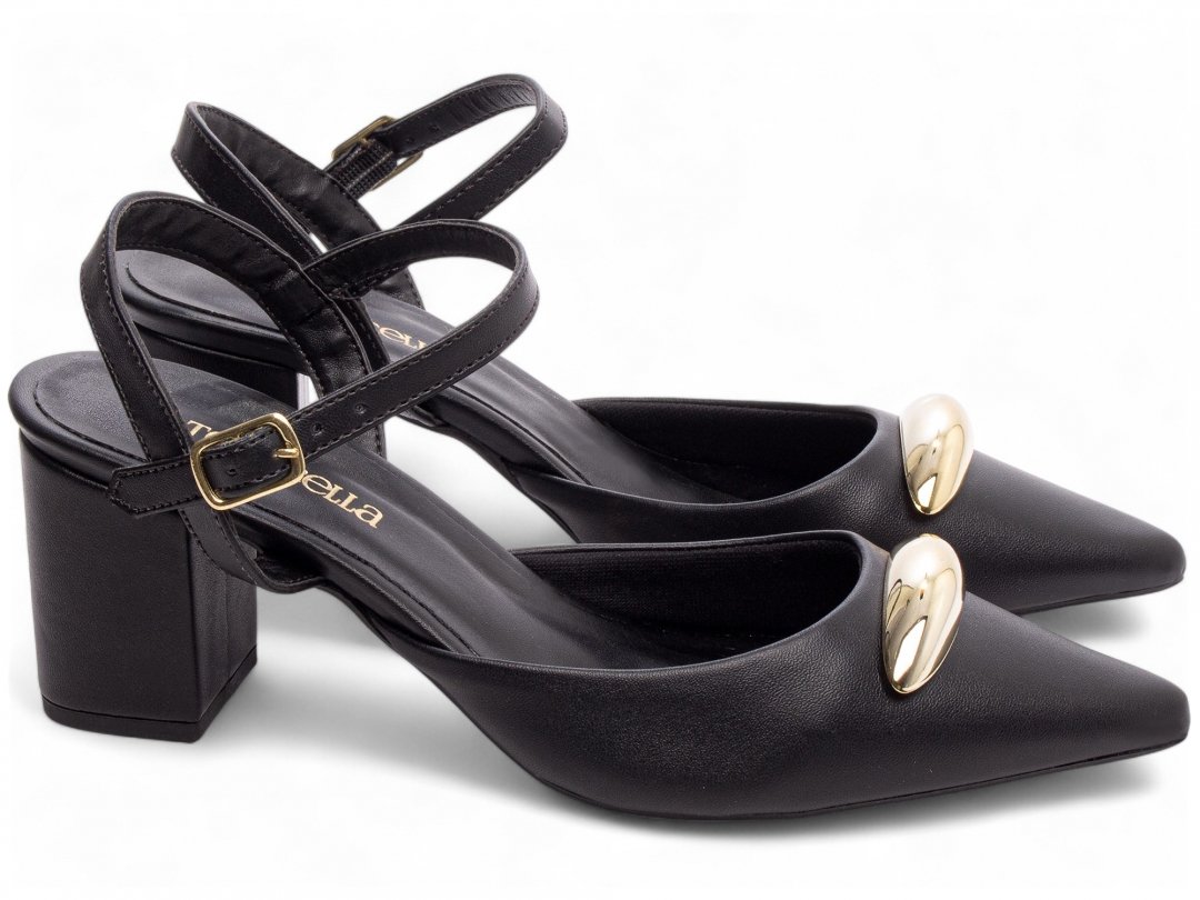 Scarpin Preto - 6 cm - Enfeite Dourado Preto 4