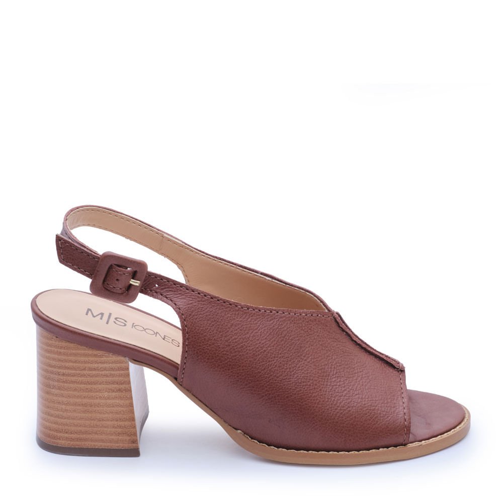 Sandália M|S Couro Conhaque com Salto Bloco e Recorte Lateral Conhaque 1