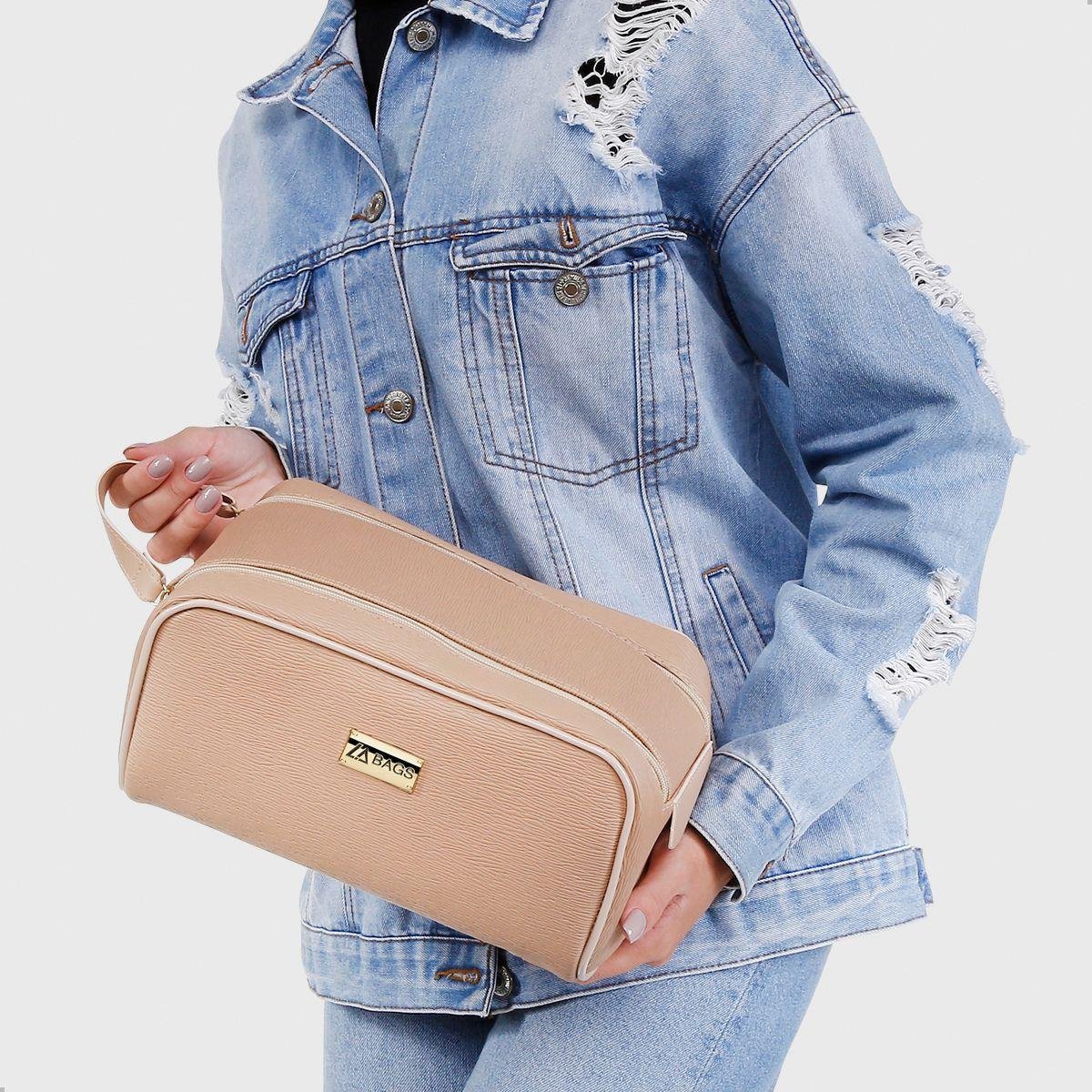 Kit Necessaire Feminina Grande Ziper Lisa Dia a Dia Casual Bege/Marrom 1