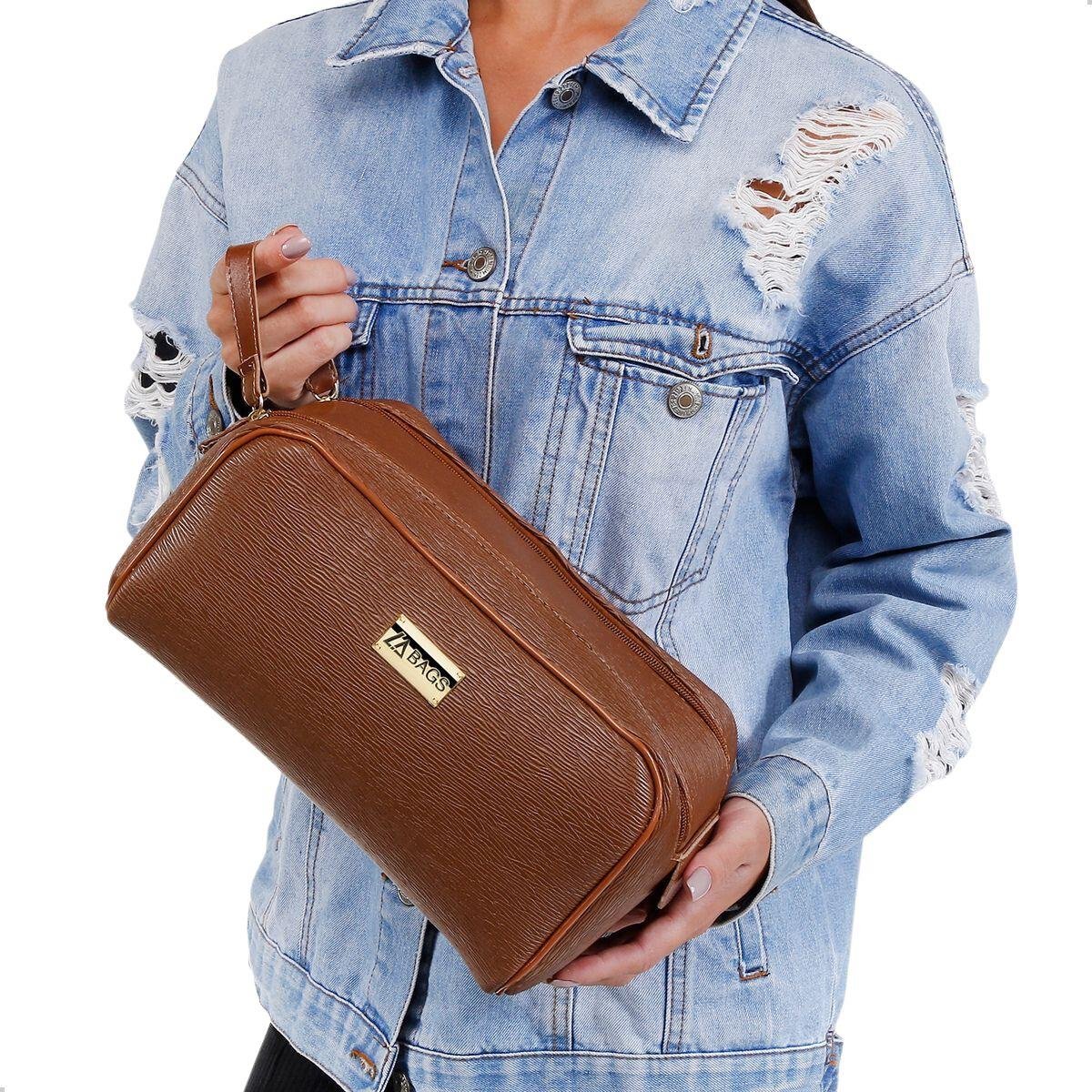 Kit Necessaire Feminina Grande Ziper Lisa Dia a Dia Casual Bege/Marrom 2