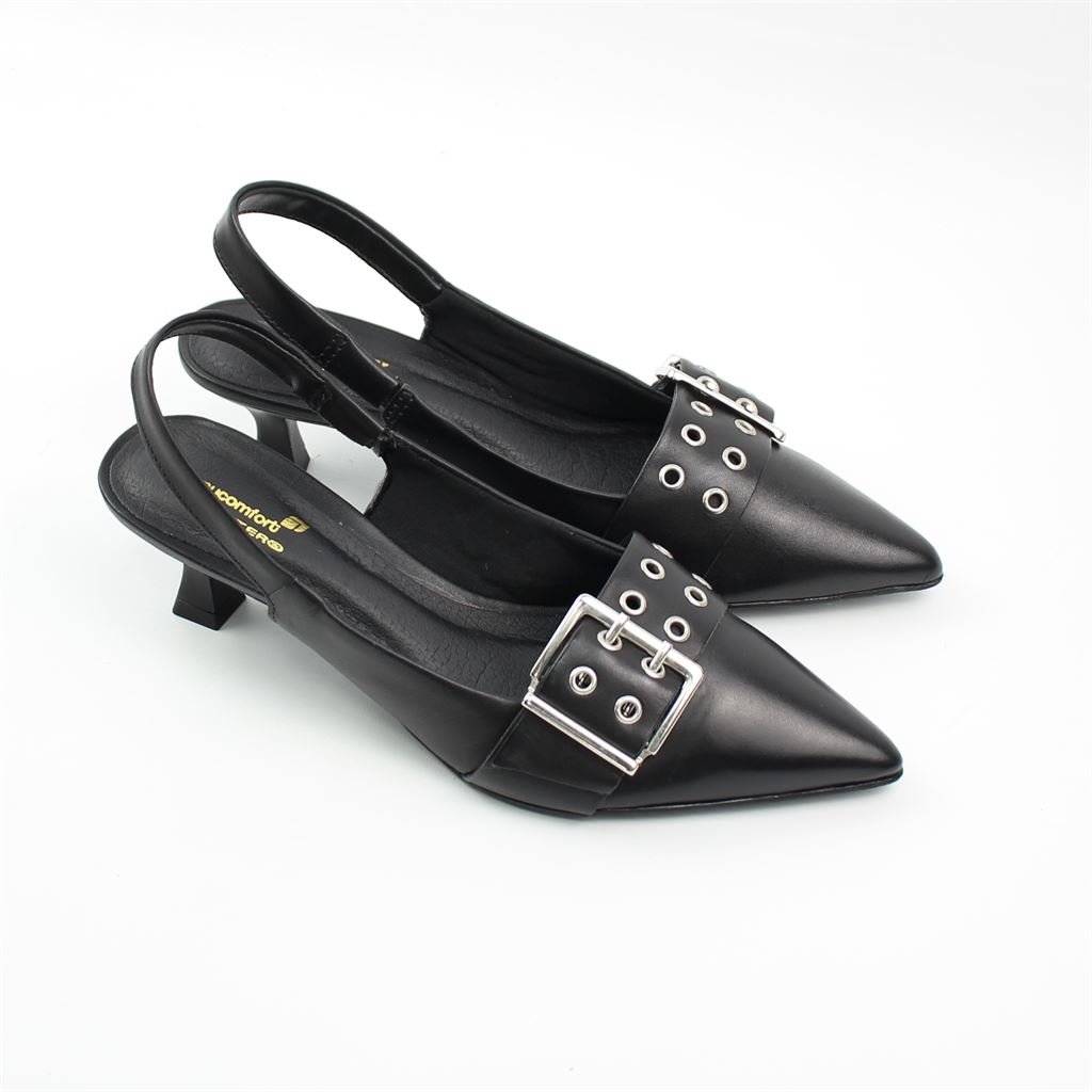 Scarpin Salto Fino Fivela Couro Preto 2