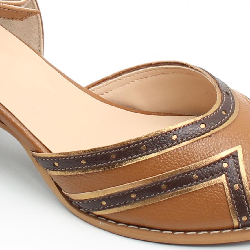 Peep Toe Salto Bloco Couro Color Marrom 2