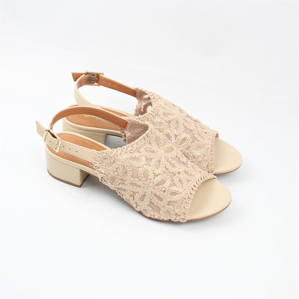 Sandália Salto Bloco Bordada Bege 2