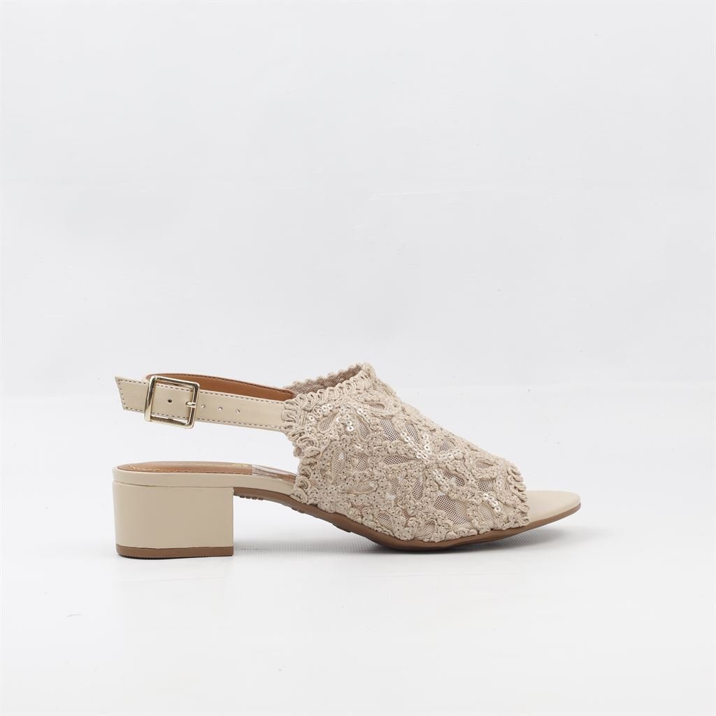 Sandália Salto Bloco Bordada Bege 5