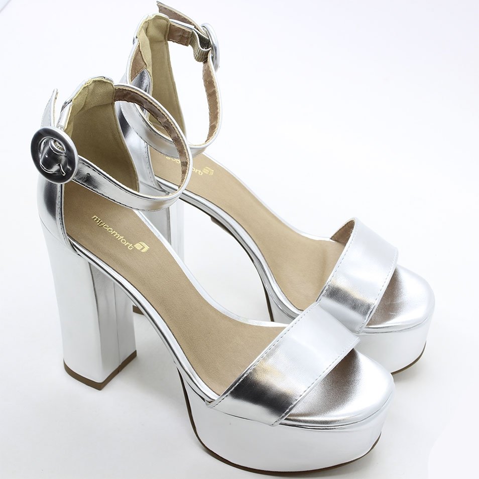 Sandália Salto Bloco Verniz Prata 5