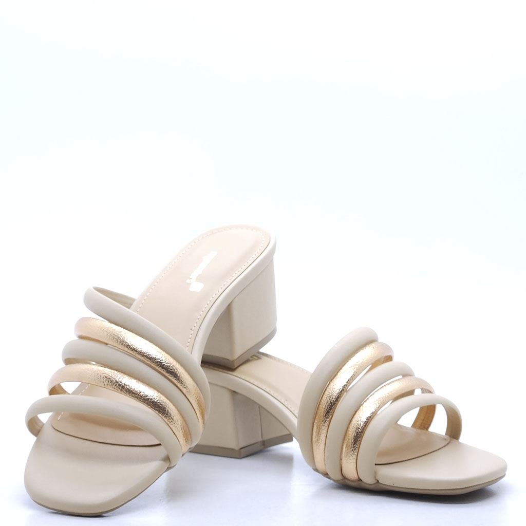 Tamanco Salto Bloco Tiras Finas Bege 3