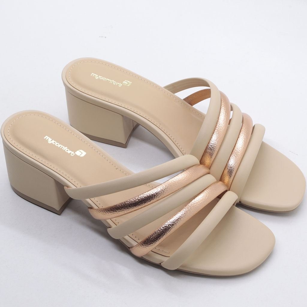 Tamanco Salto Bloco Tiras Finas Bege 4