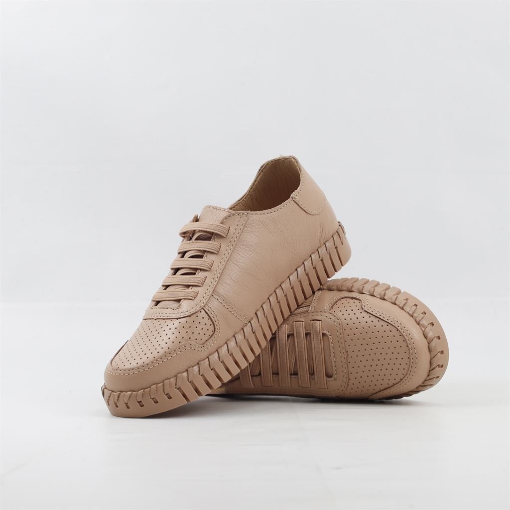 Tênis Flat Amarração Couro Bege 4