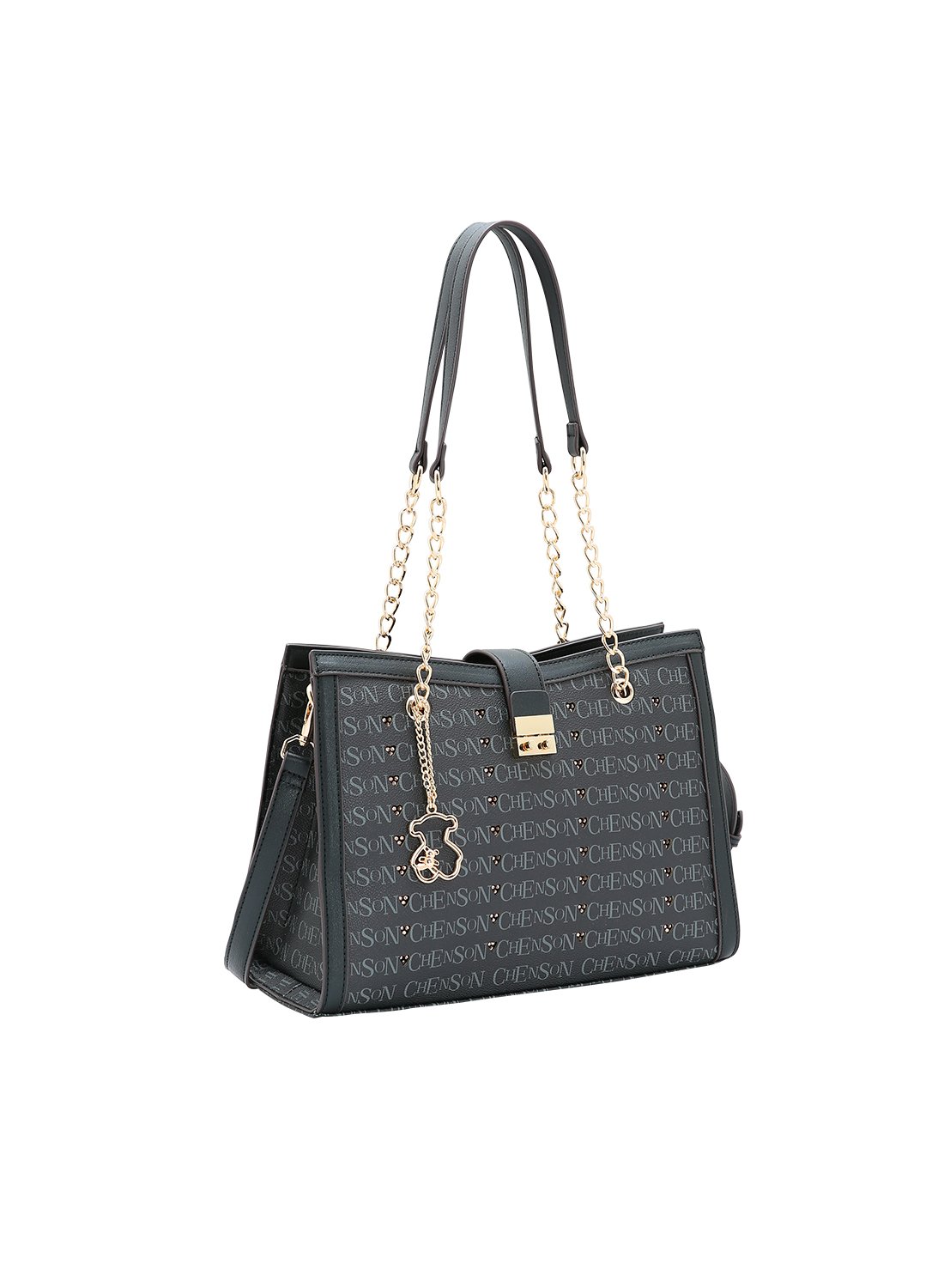 Bolsa Chenson Original Preta Cristal Monograma Coracao Alca de Ombro