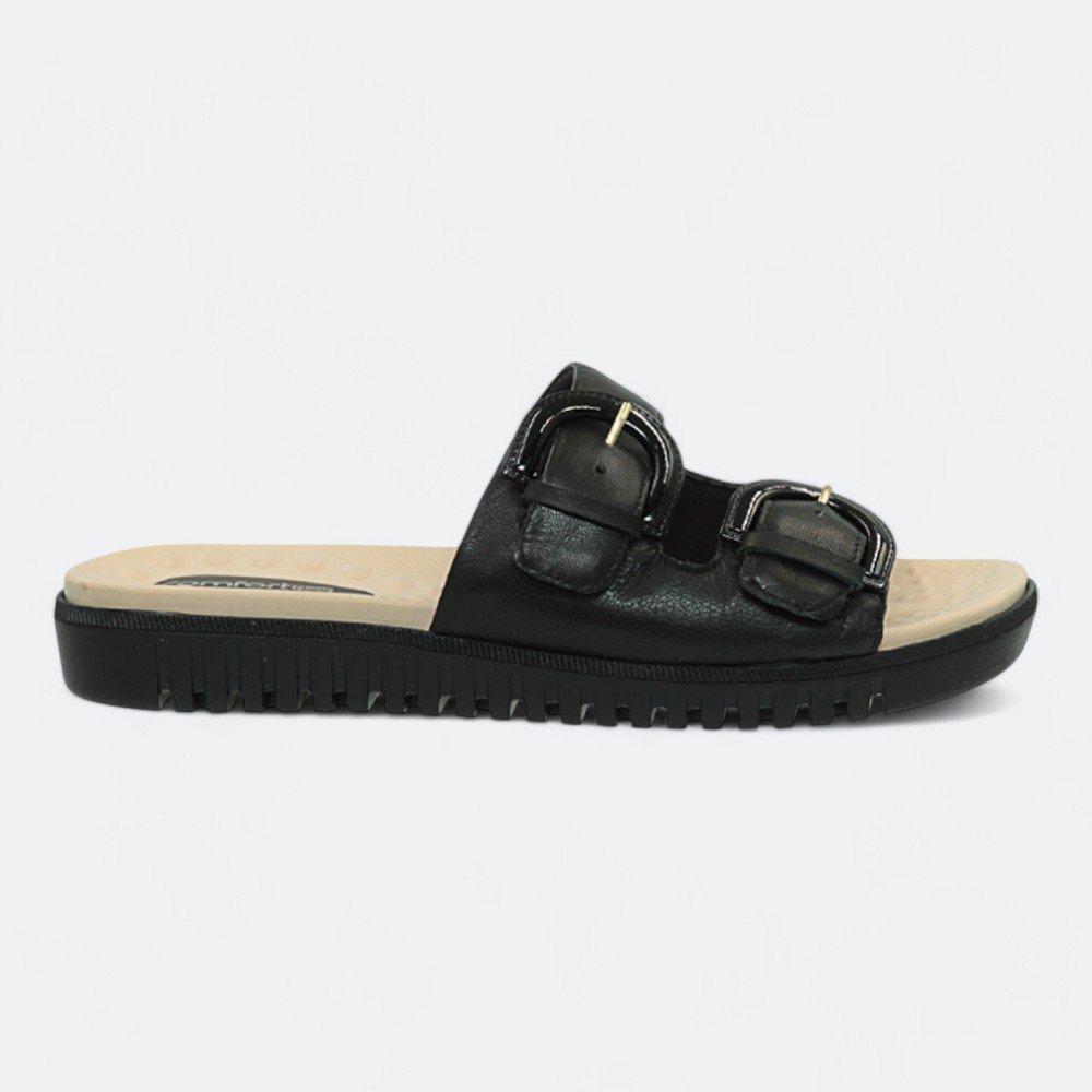 Chinelo Comfortflex Slide em Couro Feminino 2345404-01 Preto