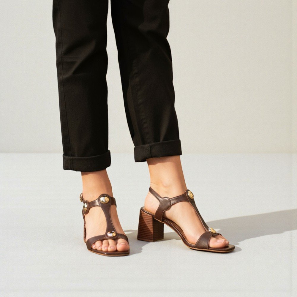 Sandália Ramarim Salto Bloco em Couro Feminina 2553203-01 Marrom 2