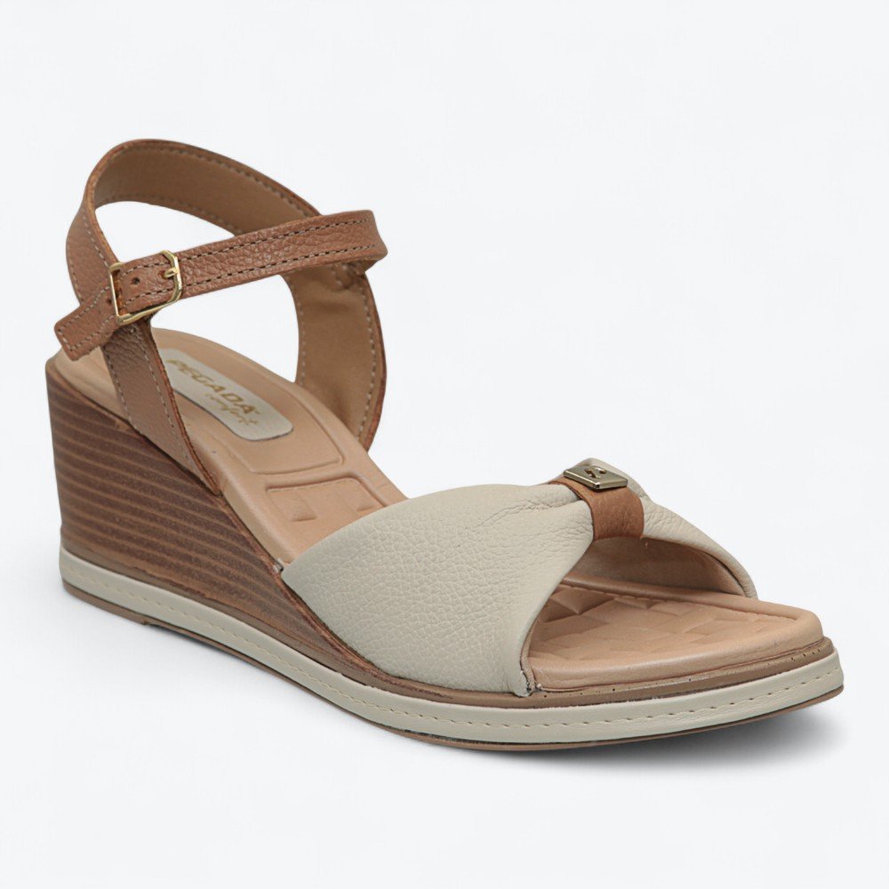 Sandália Pegada Anabela em Couro Feminina 23395601 Bege 2