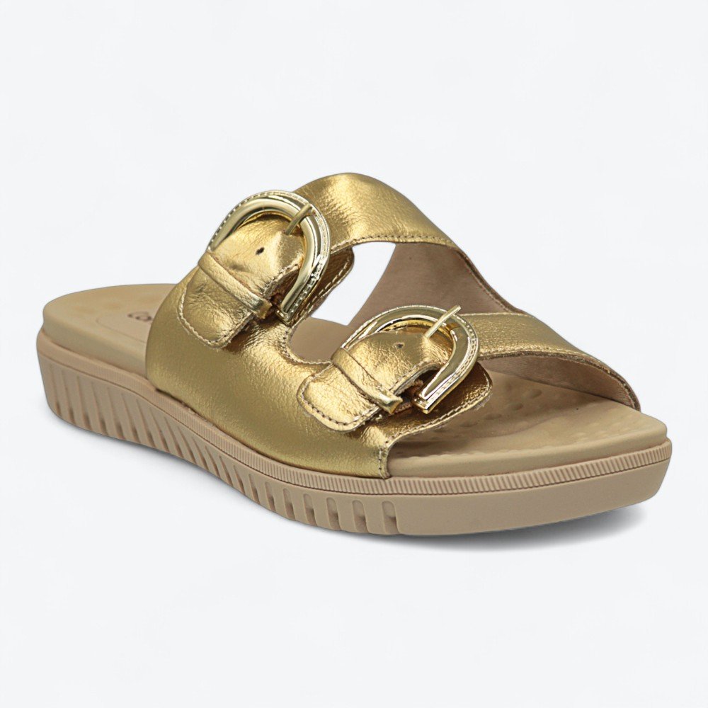 Chinelo Comfortflex Slide em Couro Feminino 2345404-03 Dourado 2