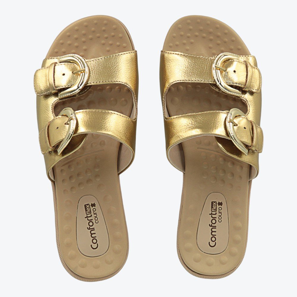 Chinelo Comfortflex Slide em Couro Feminino 2345404-03 Dourado 3