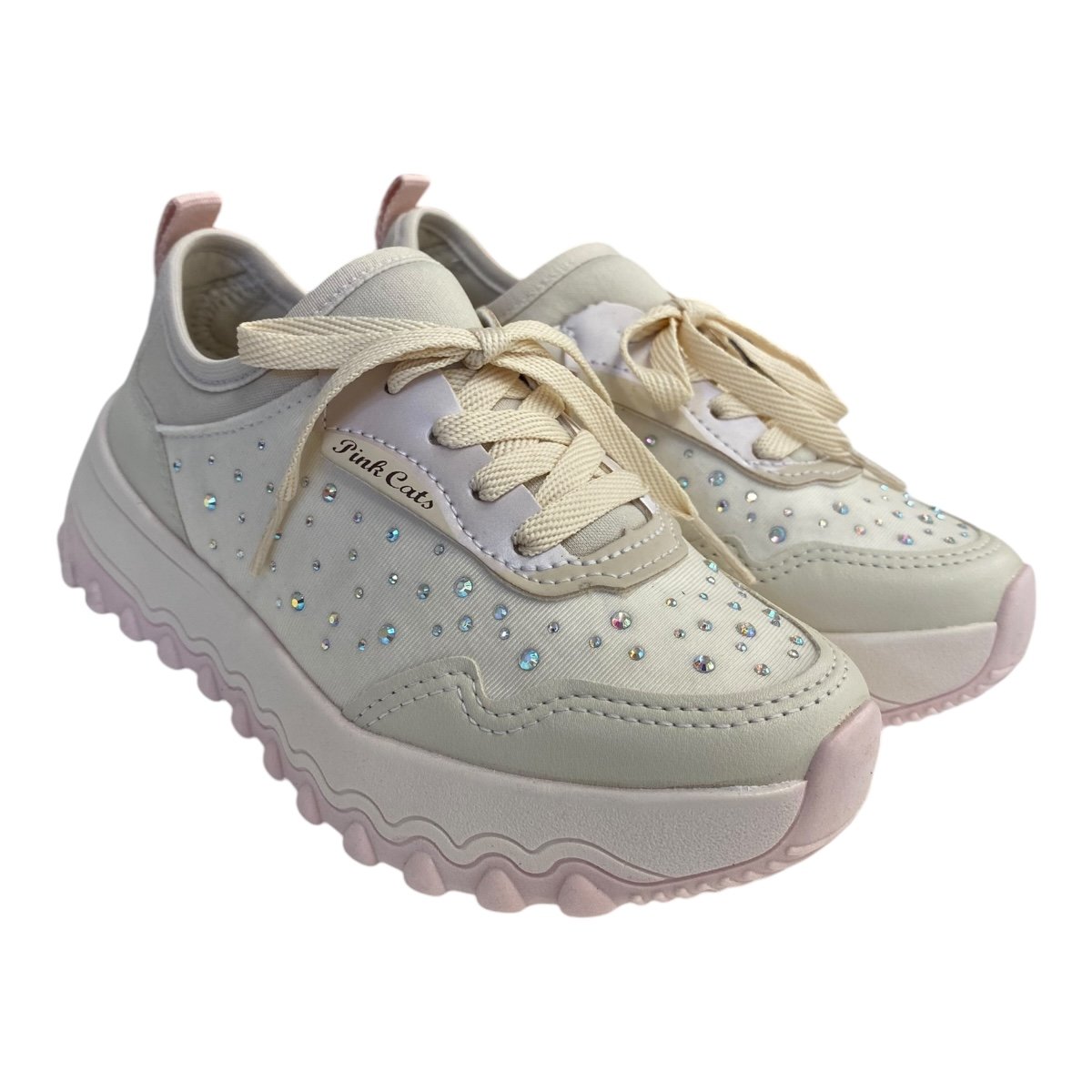 Tenis Infantil Menina Pink Cats Sintético Strass Brilho V4335 Marfim Branco 2