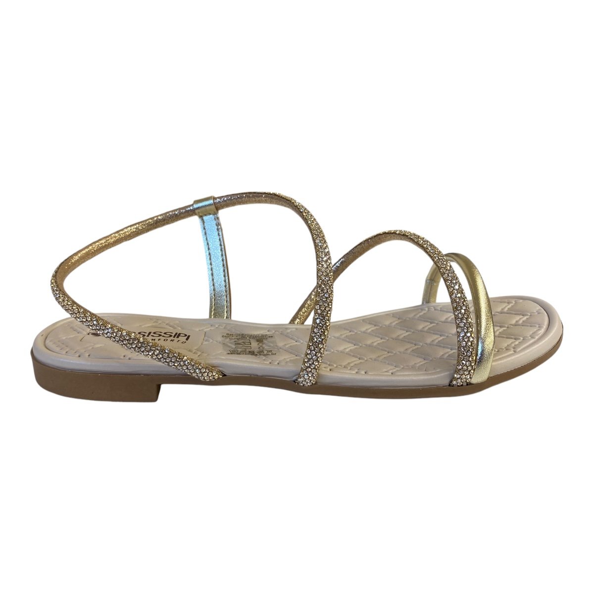 Rasteira Feminino Mississipi Sintético Tiras Strass Brilho Calce Fácil Mc431 Dourado Dourado 1