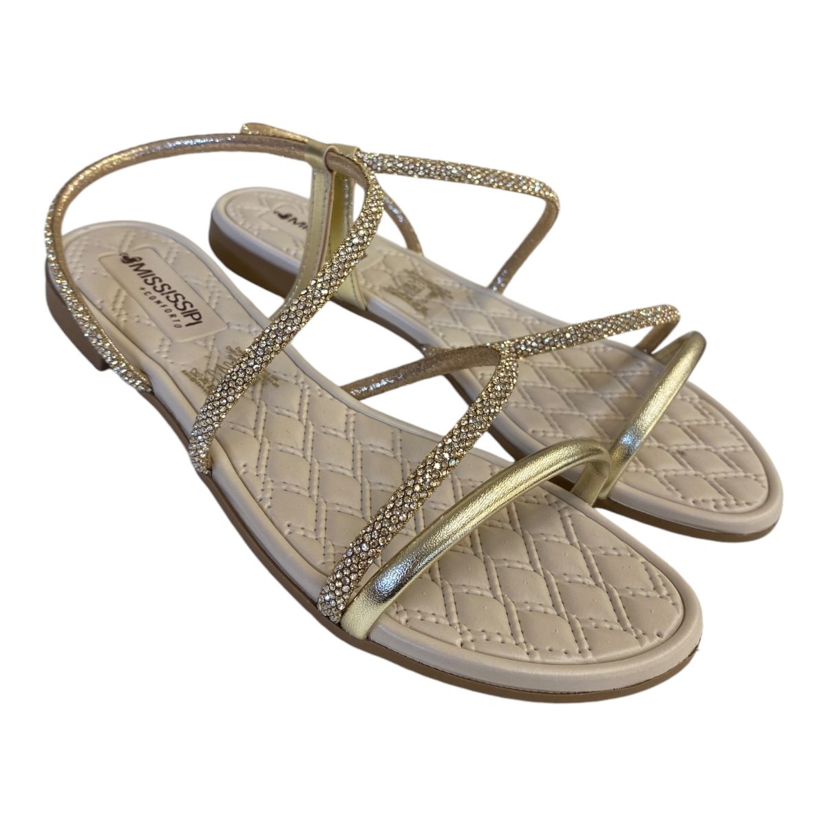 Rasteira Feminino Mississipi Sintético Tiras Strass Brilho Calce Fácil Mc431 Dourado Dourado 2