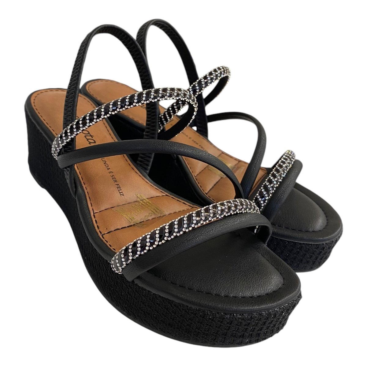 Sandalia Anabela Feminino Dakota Sintético Brilho Calce Fácil Strass Y8321 Preto Preto 2