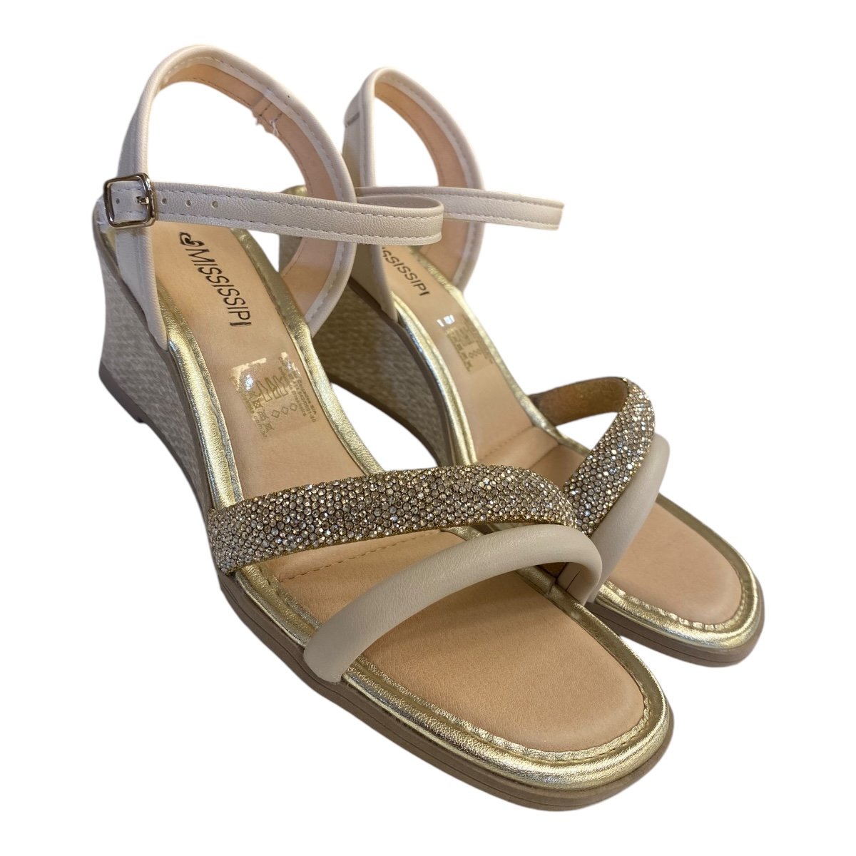 Sandalia Feminino Mississipi Sintético Anabela Brilho Strass Metalizada Mb893 Creme Dourado 2