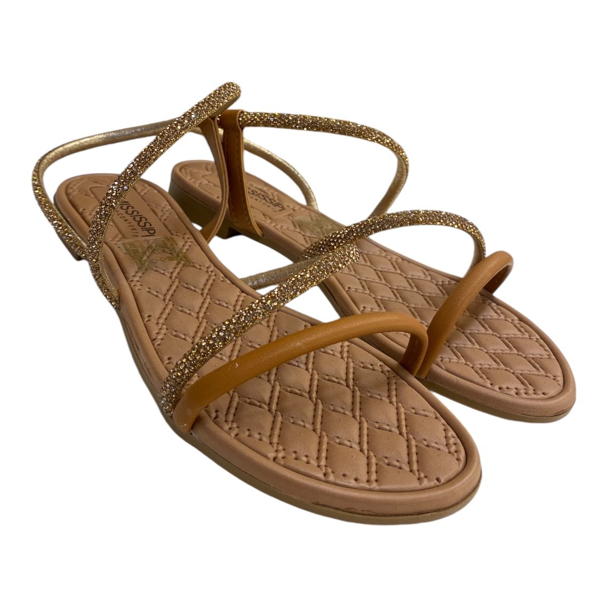 Sandalia Rasteira Feminino Mississipi  Strass Brilho Mc431 Caramelo Marrom 2