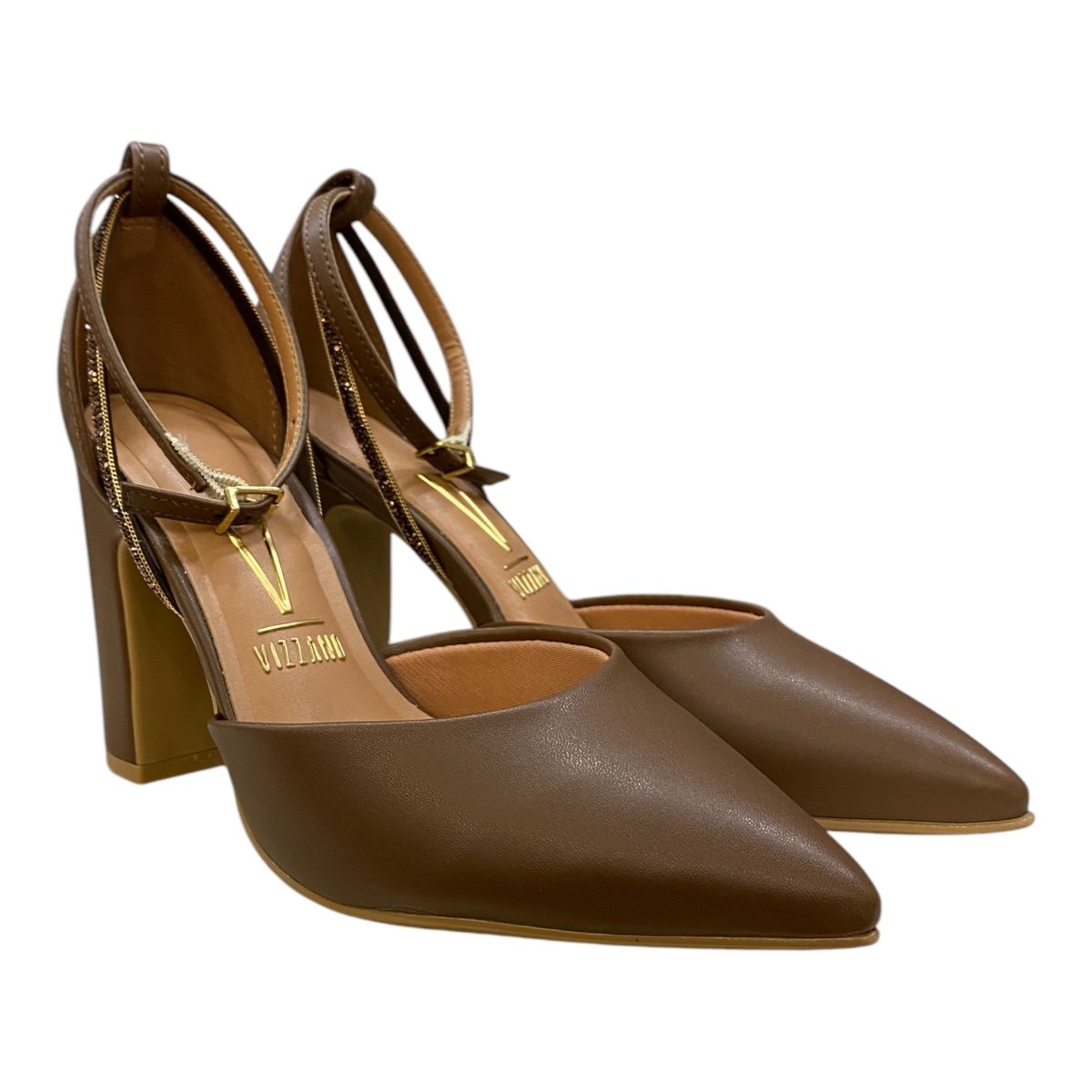 Sapato Scarpin Feminino Vizzano Casual Salto Alto Brilho Strass 1285.449 Marron Marrom 2