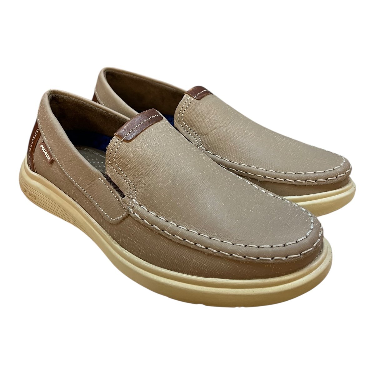 Mocassim Masculino Pegada Couro Ultraconforto Superleve Calce Fácil Bico Redondo 142201 Bege Bege 2