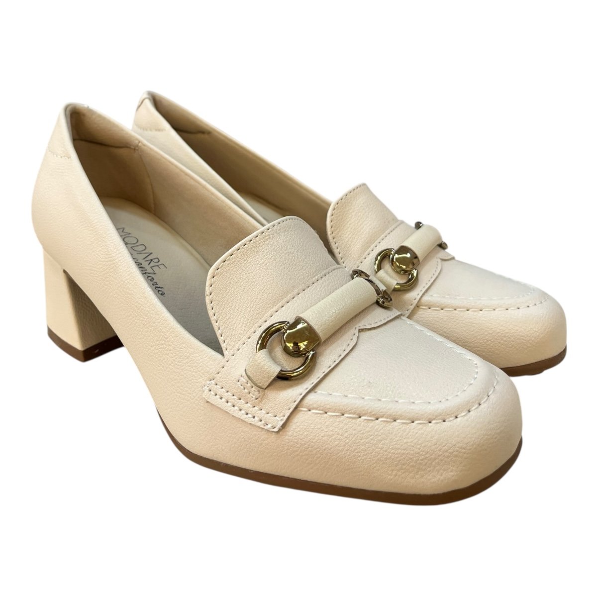 Sapato Scarpin Feminino Modare Casual Ultraconforto Salto Bloco Médio Bico Quadrado 7373.118 Marfim Marfim 2